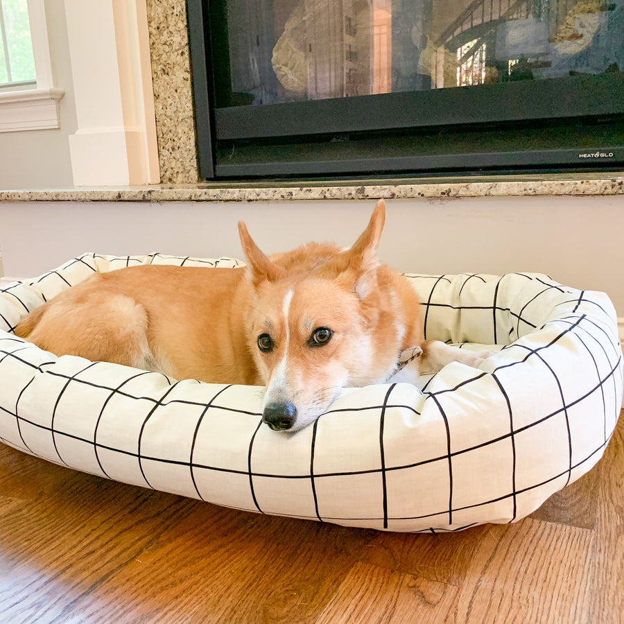 Beige Windowpane Bolster Dog Bed